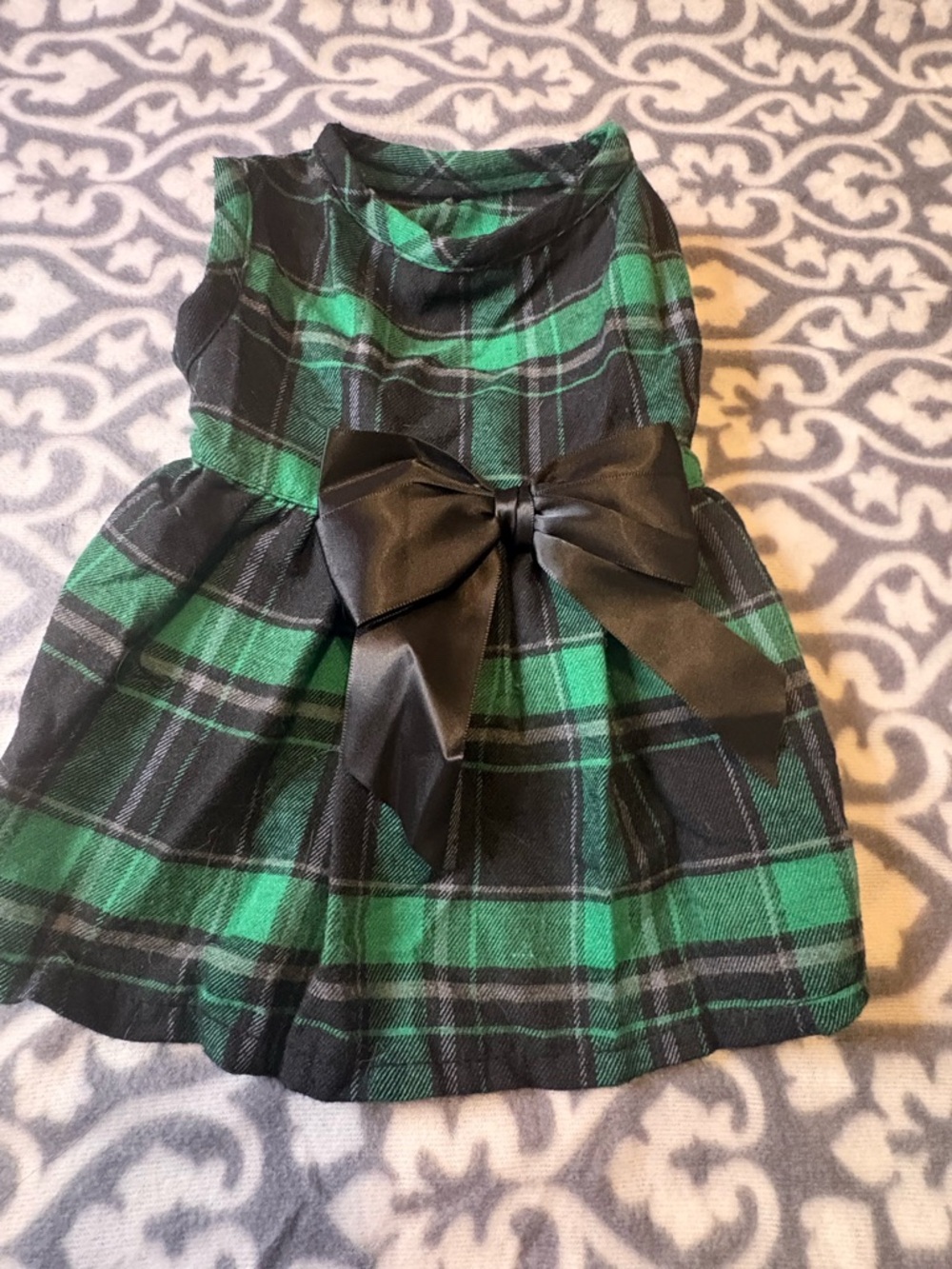 Green and Black Plaid Dress with Satin Bow